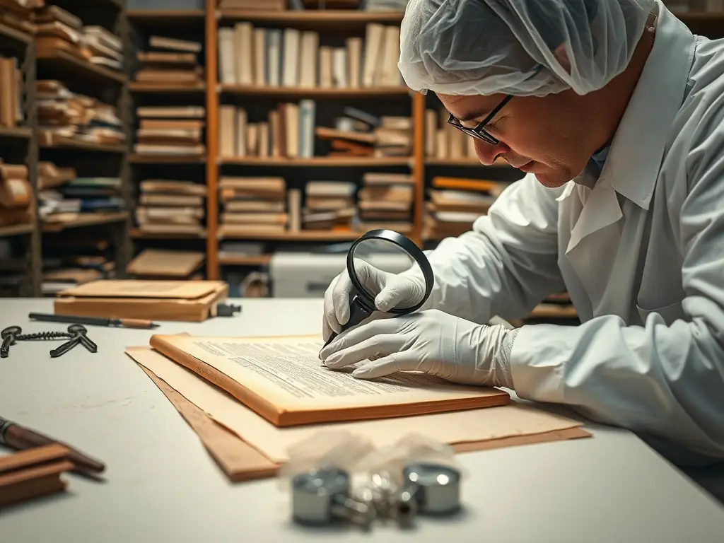A photograph of archivists carefully restoring old documents in a well-lit archive room, showcasing the meticulous work involved in preserving historical records.