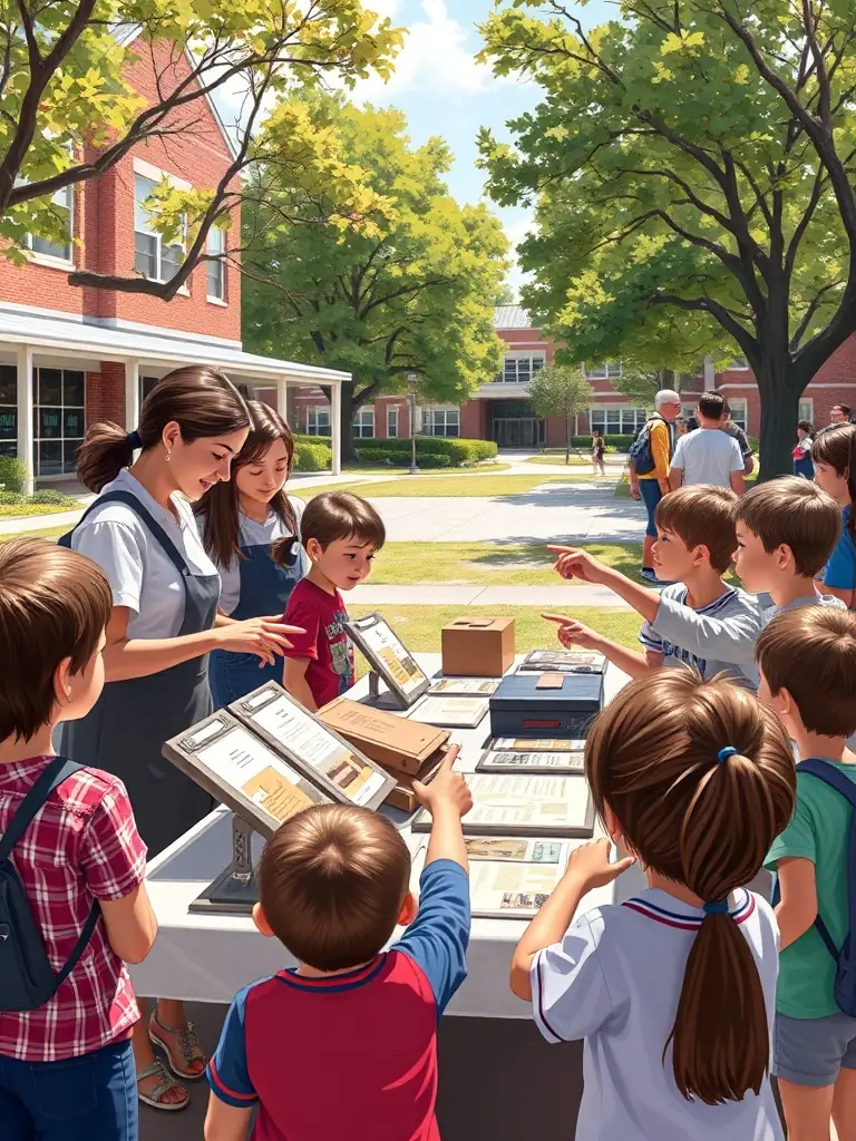 An image of an outreach event at a local school, with archivists presenting historical artifacts and information to students. The students are engaged and curious.