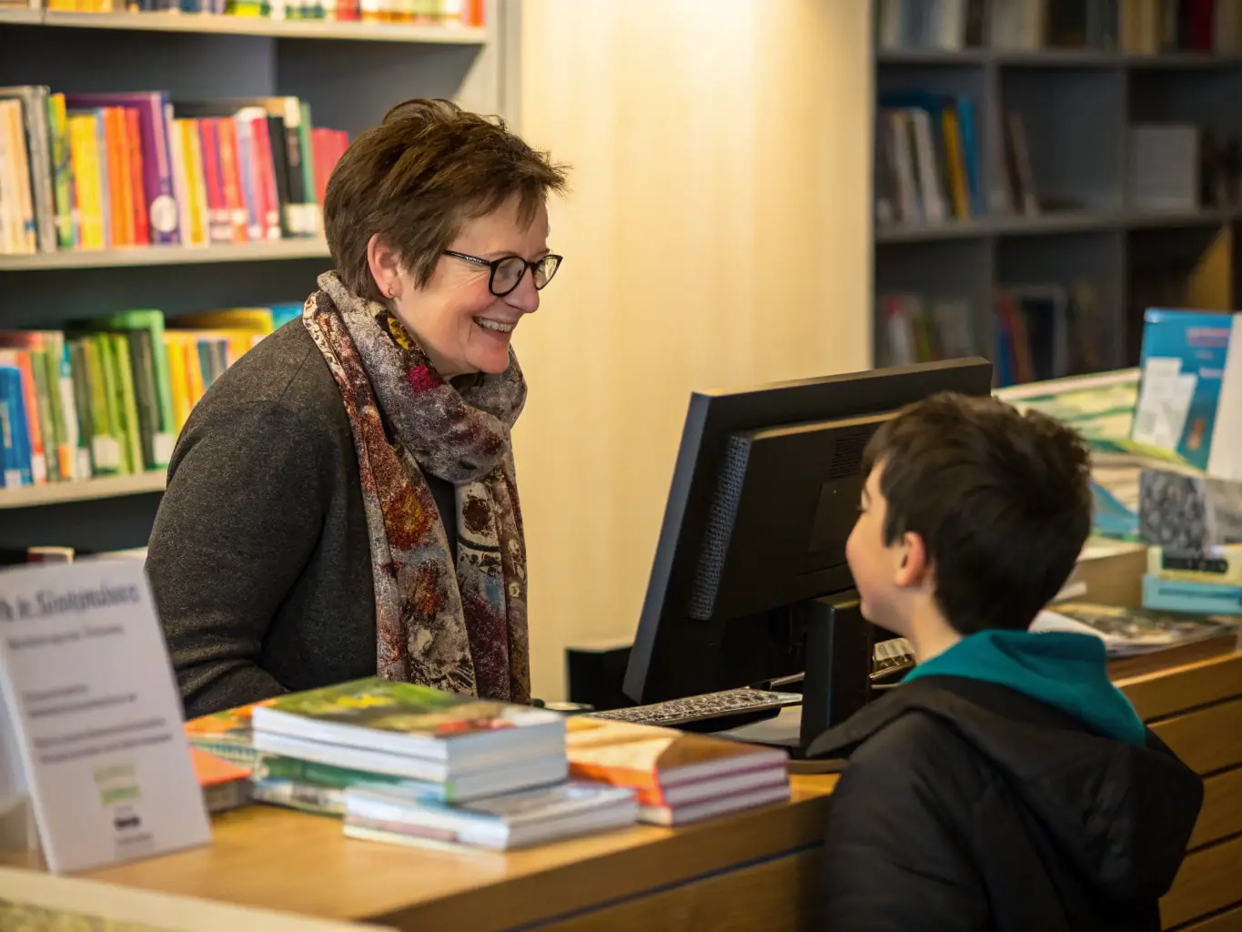 A librarian assisting a researcher with finding relevant materials in the SOC HISTORICAL ARCHIVES SAINTONGE AUNIS, showcasing the personalized support offered.