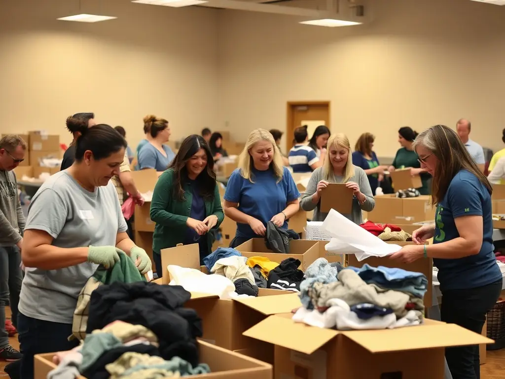 A group of volunteers working together to organize and catalog historical documents, emphasizing community engagement.