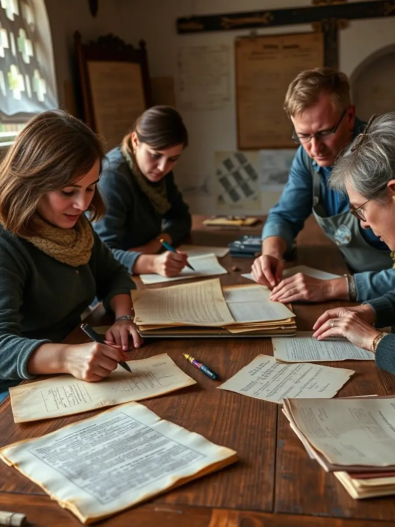A group of volunteers sorting and cataloging historical documents in the archives. The volunteers are working diligently, surrounded by stacks of archival materials.