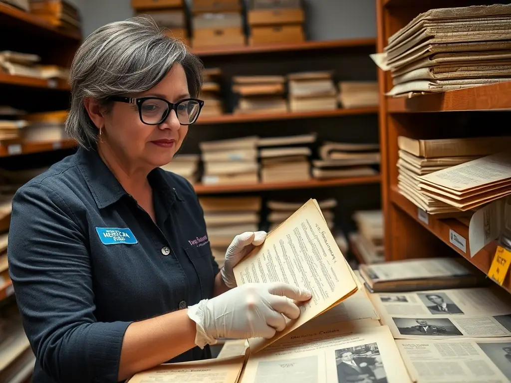 An image of archivists carefully handling old documents in a climate-controlled archive room, highlighting preservation efforts.