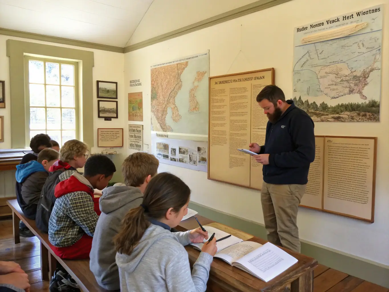 A photograph of students participating in a historical research workshop, showcasing educational initiatives.