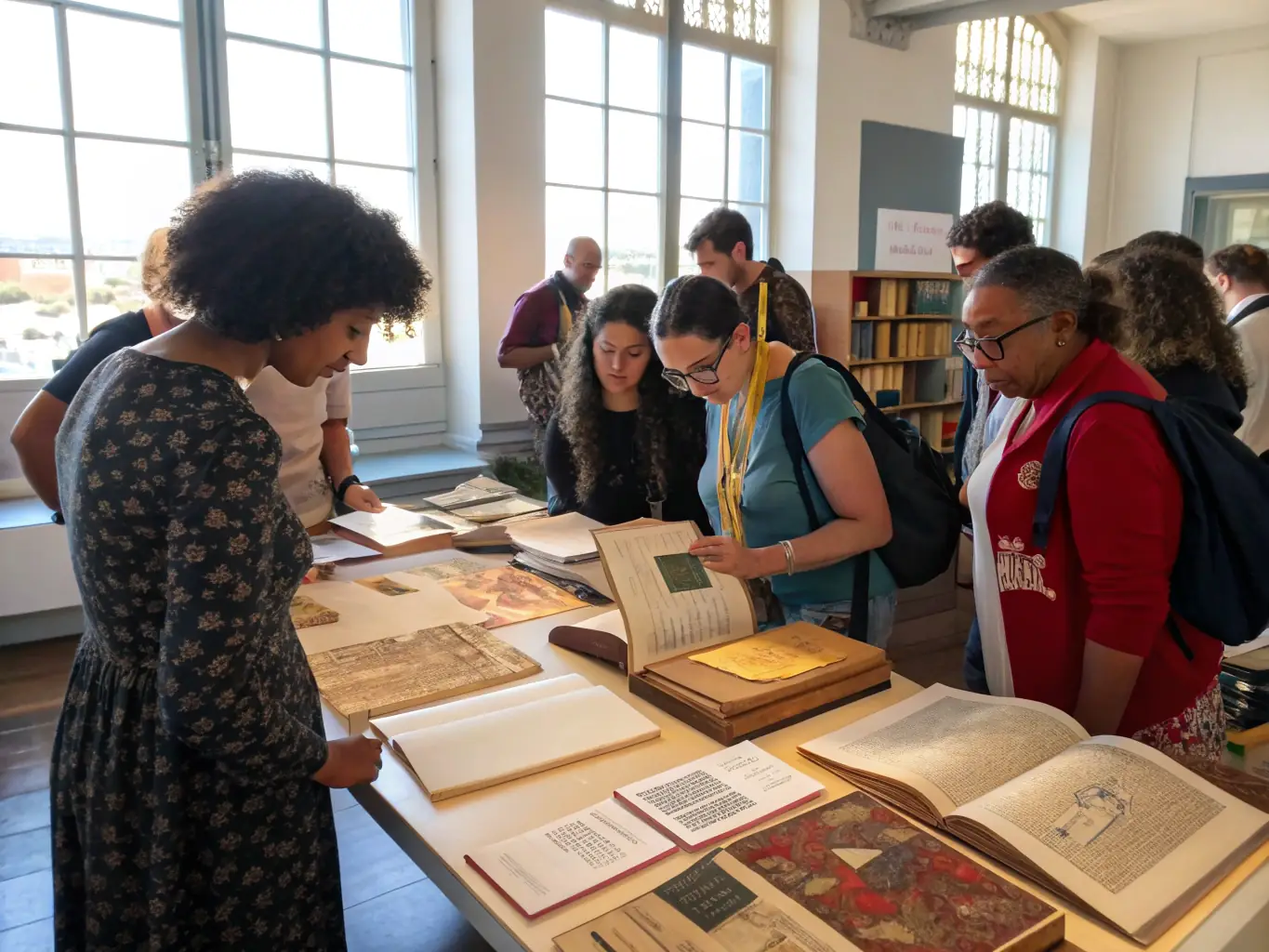 A captivating image of a community event at the archives, featuring a historical exhibition with interactive displays and enthusiastic visitors.