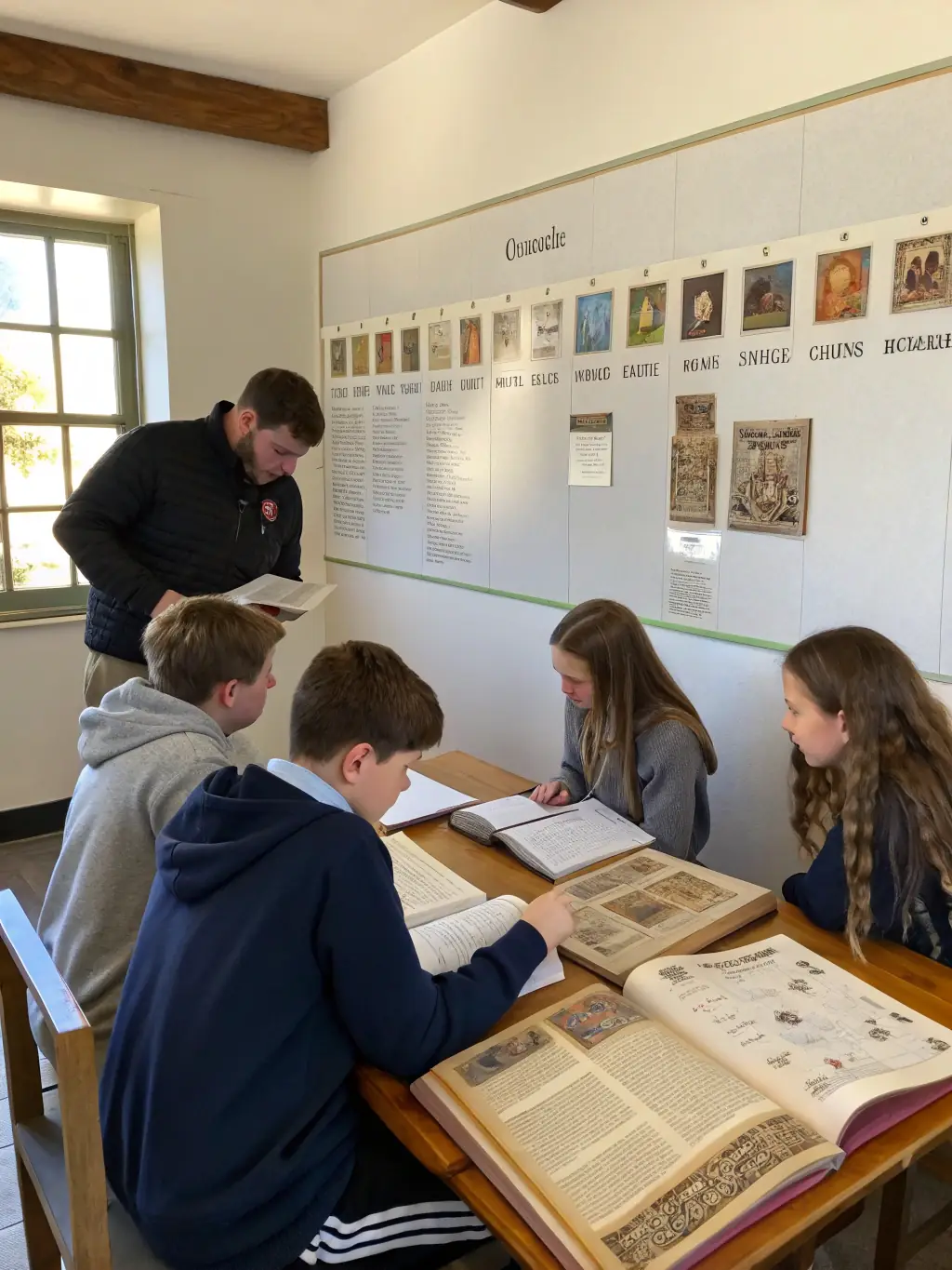 A group of students participating in a workshop at the archives, examining historical documents under the guidance of an archivist. The scene is brightly lit, showcasing the engagement of the students.