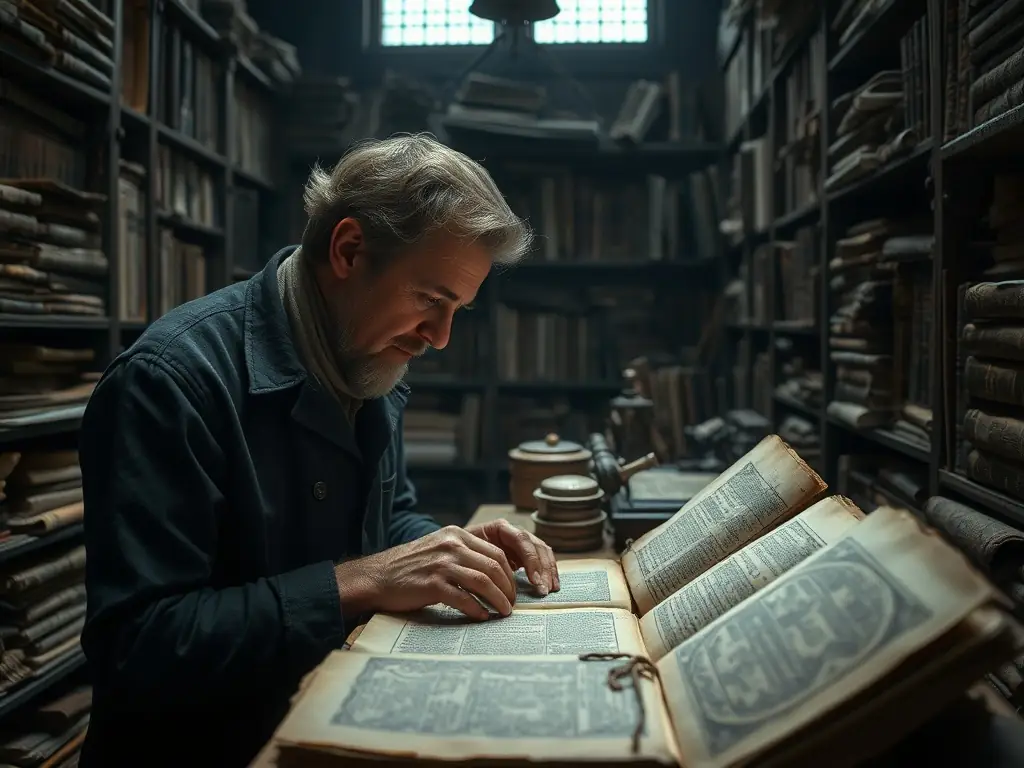 A researcher meticulously examining aged documents under soft light in the SOC HISTORICAL ARCHIVES SAINTONGE AUNIS reading room, surrounded by shelves filled with historical records.
