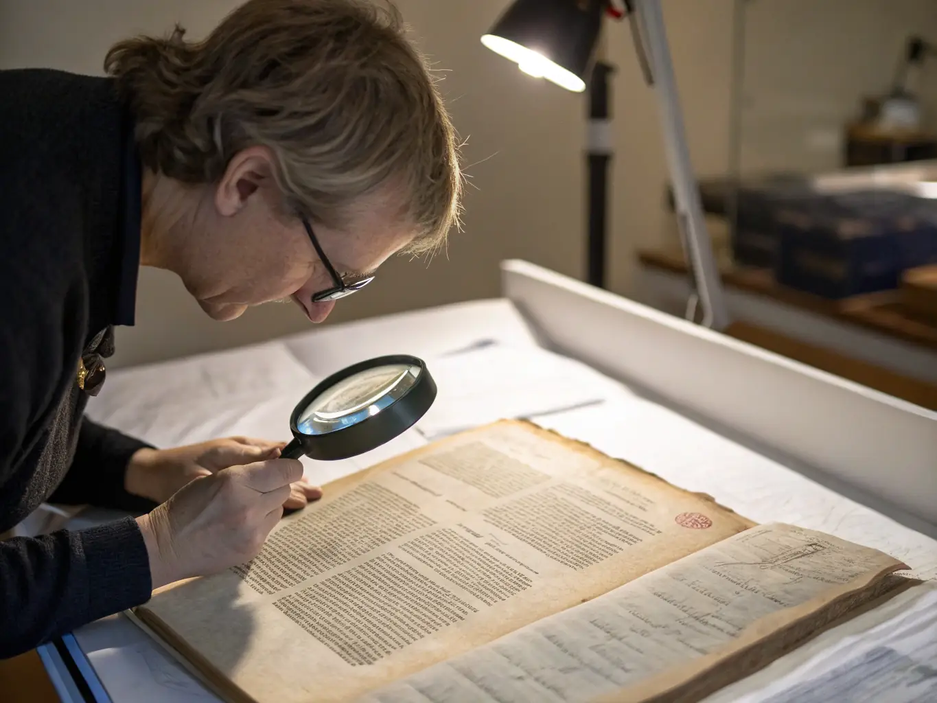 A detailed photograph showcasing archivists carefully restoring an old document in a well-lit archival room, emphasizing the meticulous work involved in preserving historical records.