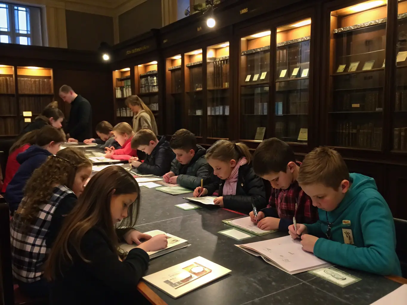 A vibrant image of a group of students participating in a historical workshop, examining artifacts and learning about local history from an expert.